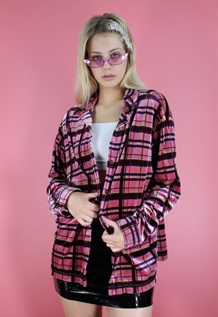 VINTAGE 90S Y2K PINK VELVET BUTTON UP SHIRT CHECK PATTERN