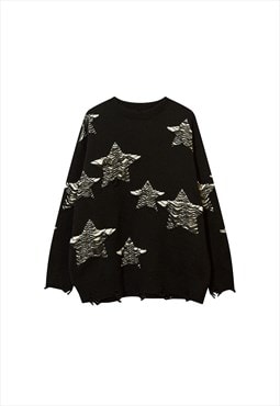 Black Stars Distressed Oversized Knitted Jumper Y2k