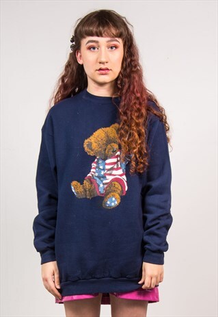 VINTAGE 90'S NAVY BLUE USA BEAR PRINT CUTE SWEATSHIRT