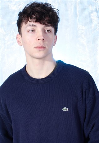 VINTAGE LACOSTE NAVY RIBBED KNITTED JUMPER