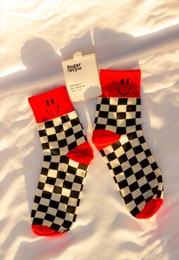Red Checkerboard Smiley Face Socks