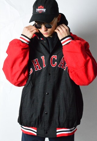 VINTAGE 90S BLACK AND RED CHICAGO SHELL BOMBER JACKET