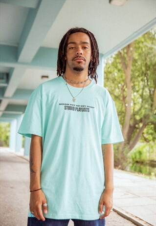 SHORT SLEEVE TSHIRT IN AQUA WITH STUDIO PLAYLIST PRINT