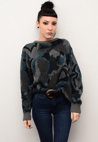 VINTAGE 90'S RETRO BLUE GREY ABSTRACT PATTERNED JUMPER