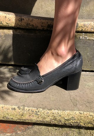 90'S/Y2K VINTAGE BLACK GLITTER HEELED LOAFERS