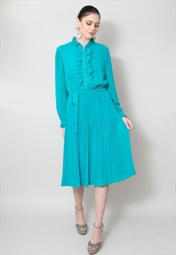 70's Vintage Blue Green Teal Ruffle Long Sleeve Dress