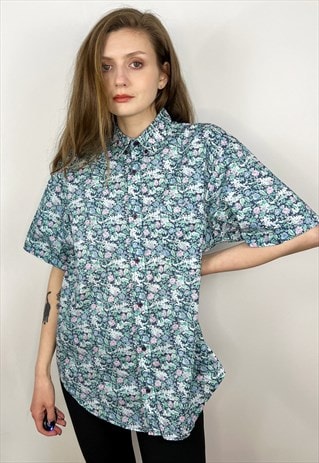 COTTON SHORT SLEEVE BLUE FLORAL BUTTON UP SHIRT