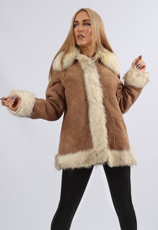 VINTAGE SHEEPSKIN SUEDE SHEARLING COAT SHORT MID 10 S (KAU)