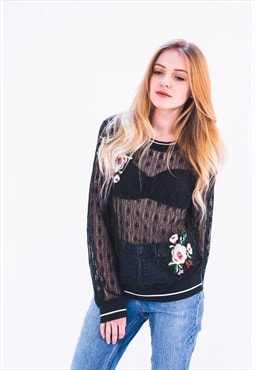 Long Sleeve Lace Top with Rose Floral Patches in Green