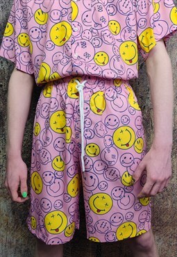 Emoji shorts smiley print crop board overalls in pink yellow