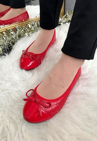 Red Faux Leather Ballerina Shoes