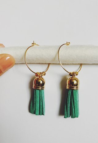 TURQUOISE GREEN LARGE TASSEL GOLD HOOP EARRINGS