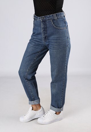 HIGH WAISTED DENIM JEANS TAPERED LEG VINTAGE UK 12 (K25Q)