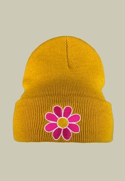 Daisy Flower Embroidered Beanie Hat in Mustard