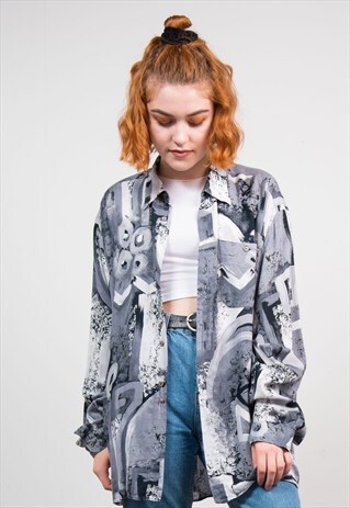VINTAGE 90'S GREY ABSTRACT PATTERN LONG SLEEVE SHIRT