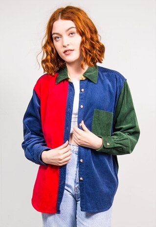 VINTAGE 90'S BRIGHT COLOUR BLOCK PANEL CORD SHIRT
