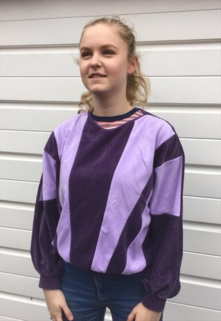 WOMENS VINTAGE 80S SWEATSHIRT PURPLE PATTERN VELOUR JUMPER