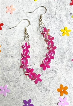 Iridescent Flower Sequin Trickle Earrings Hot Pink