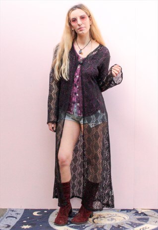 VINTAGE 90'S CROCHET FISHNET BELL SLEEVE DUSTER DRESS