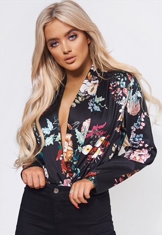 KIKI BLACK SATIN FLORAL BODYSUIT