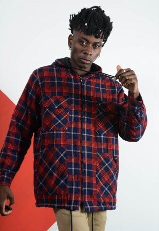 VINTAGE WORKWEAR PADDED FLANNEL SHIRT IN RED CHECK.