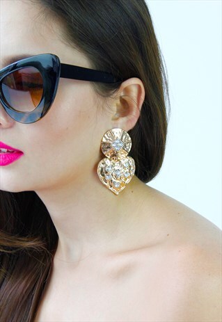 GOLD HEART DIAMANTE BOLD DROP DANGLE EARRINGS