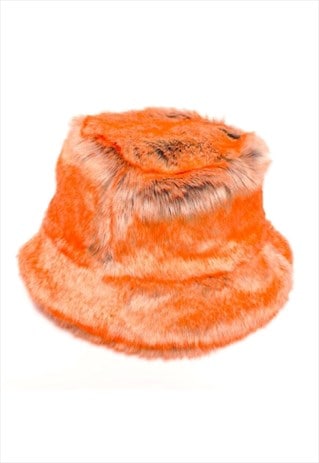 Festival faux fur bucket hat fluffy neon hat rave cap orange
