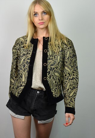 VINTAGE BLACK & GOLD METALLIC VELVET CROPPED FESTIVAL JACKET