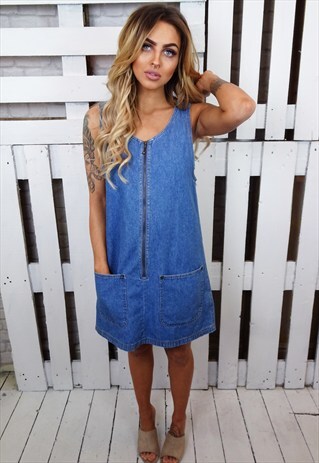 CUTE DENIM ZIP UP 90'S PINAFORE DRESS