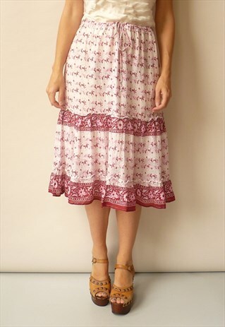 90'S VINTAGE INDIAN HIPPIE COTTON GYPSY TIE WAIST MIDI SKIRT