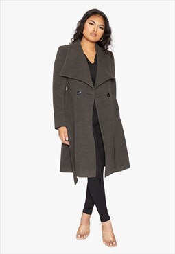 Grey Waterfall Lapel Double Breasted Duster Coat