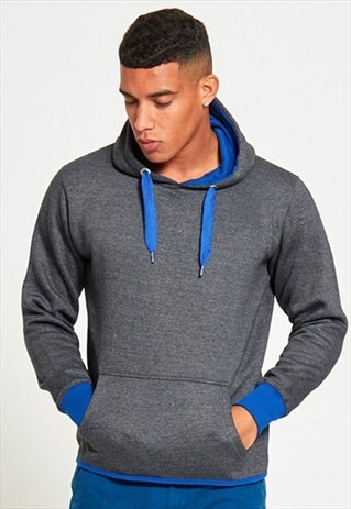 MENS CHARCOAL CONTRASTING PULL OVER HOODY