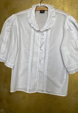 White Broderie Angles Blouse . Frill Front & Puff Sleeves 10
