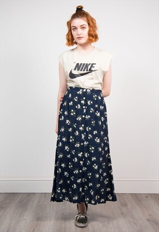 VINTAGE 90'S NAVY DAISY PATTERN CUTE MIDI SKIRT