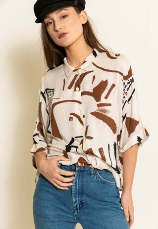 VINTAGE 90'S WHITE AND BROWN PATTERNED SHIRT