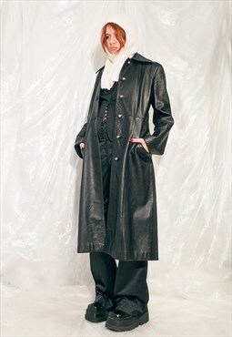 Vintage Leather Trench Coat 70s Matrix Overcoat in Black