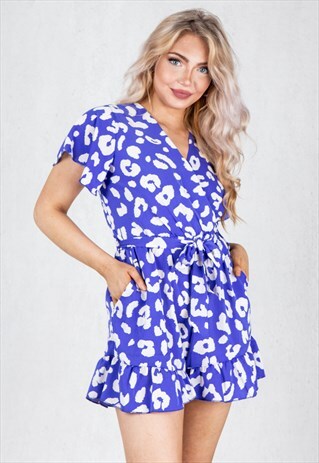 BLUE PRINTED FRILL DETAIL WRAP BELTED PLAYSUIT