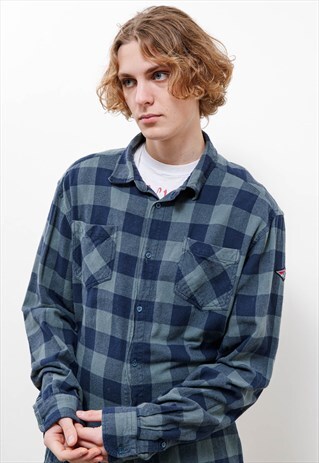 VINTAGE 90S RELAXED BLUE PLAID SKATER BUTTON UP SHIRT MEN L