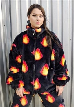 Flame fleece jacket handmade fire bolt bomber in black