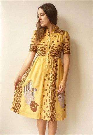 1970'S VINTAGE NOVELTY BOAT PRINTED MIDI TEA DRESS