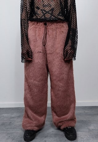 FAUX FUR JOGGERS FLEECE PANTS HANDMADE FLUFFY TROUSERS BROWN