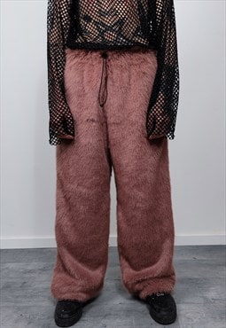 Faux fur joggers fleece pants handmade fluffy trousers brown