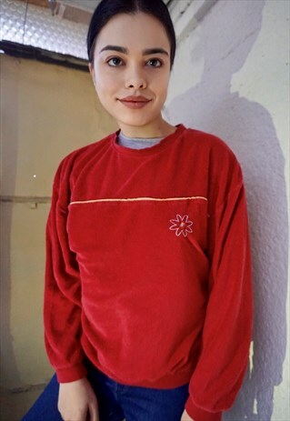 VINTAGE FLOWER PATTERNED RED FLEECE TOP