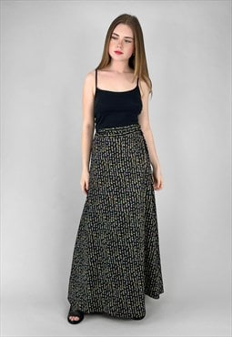 70's Vintage Black Cotton Ditsy Floral Wrap Maxi Skirt