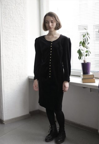 VINTAGE 80'S BLACK VELVET LONG SLEEVED DRESS