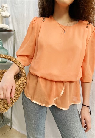 VINTAGE 80S PEACHY PEACHY MUSLIN LUXE PEPLUM BLOUSE TOP
