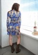 VINTAGE 60'S BLUE FLORAL PRINT LONG SLEEVED MINI DRESS