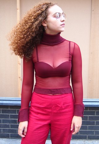 MAROON MESH KNIT ROLL NECK TOP