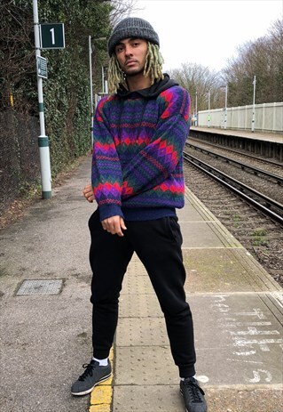 VINTAGE BRIGHT BOLD ABSTRACT COSBY KNIT OVERSIZED JUMPER