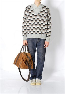Vintage RODIER Grey Beige Check V-Neck Wool Blend Sweater